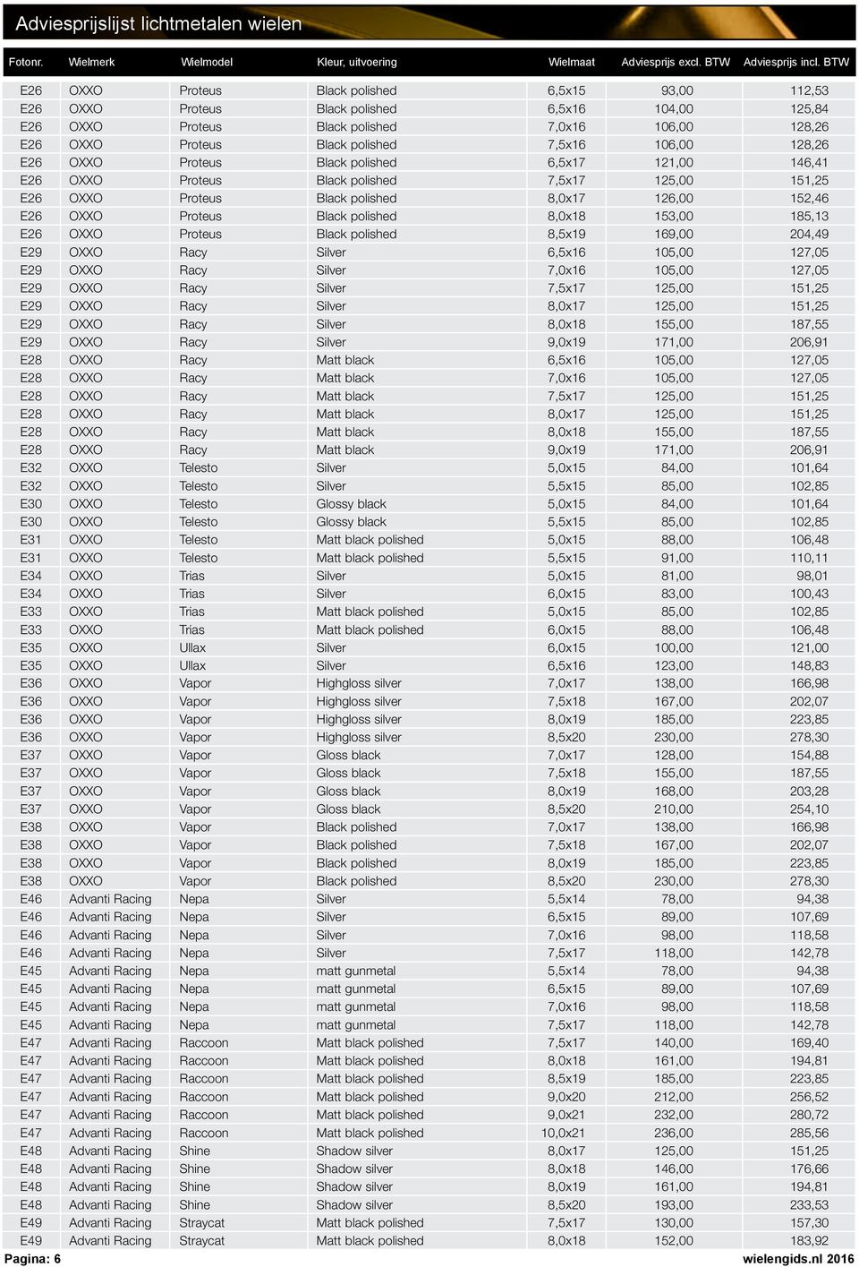 7,5x16 106,00 128,26 E26 OXXO Proteus Black polished 6,5x17 121,00 146,41 E26 OXXO Proteus Black polished 7,5x17 125,00 151,25 E26 OXXO Proteus Black polished 8,0x17 126,00 152,46 E26 OXXO Proteus