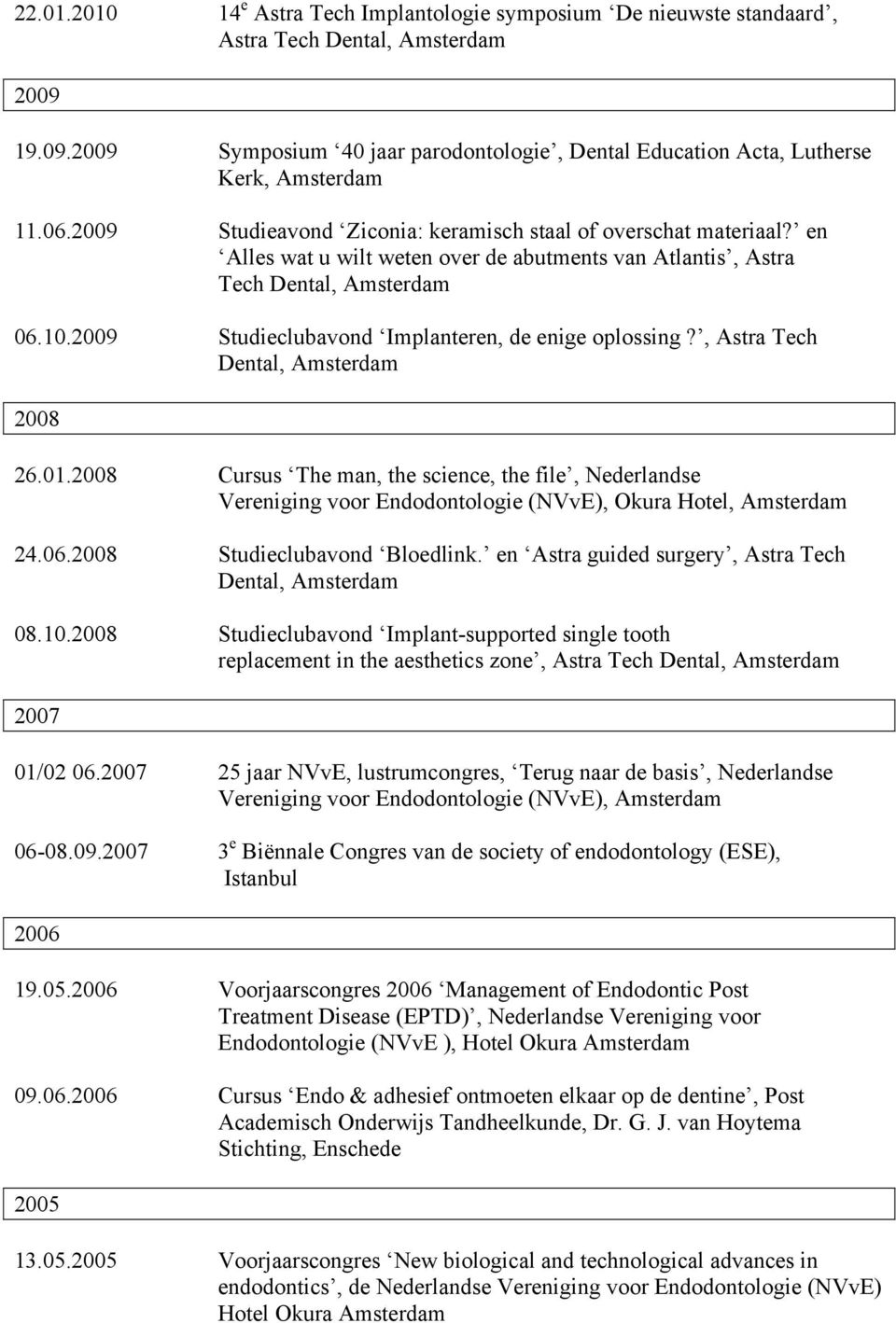 2009 Studieclubavond Implanteren, de enige oplossing?, Astra Tech Dental, 2008 26.01.2008 Cursus The man, the science, the file, Nederlandse Vereniging voor Endodontologie (NVvE), Okura Hotel, 24.06.