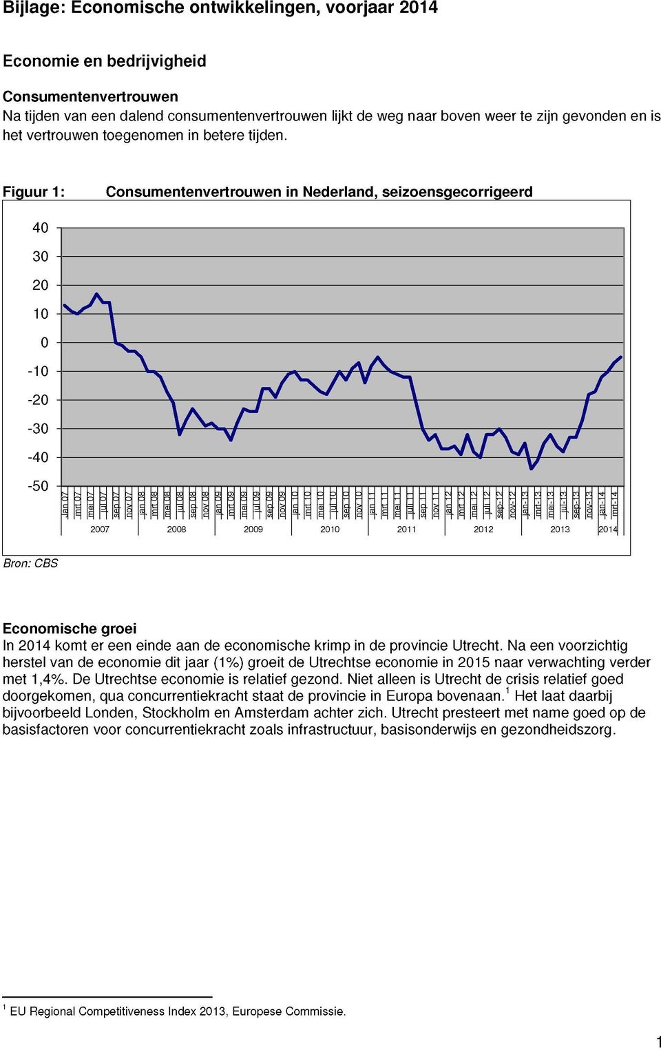 Figuur 1: Consumentenvertrouwen in Nederland, seizoensgecorrigeerd 4 3 2 1-1 -2-3 -4-5 27 28 29 21 211 212 213 214 Bron: CBS Economische groei In 214 komt er een einde aan de economische krimp in de