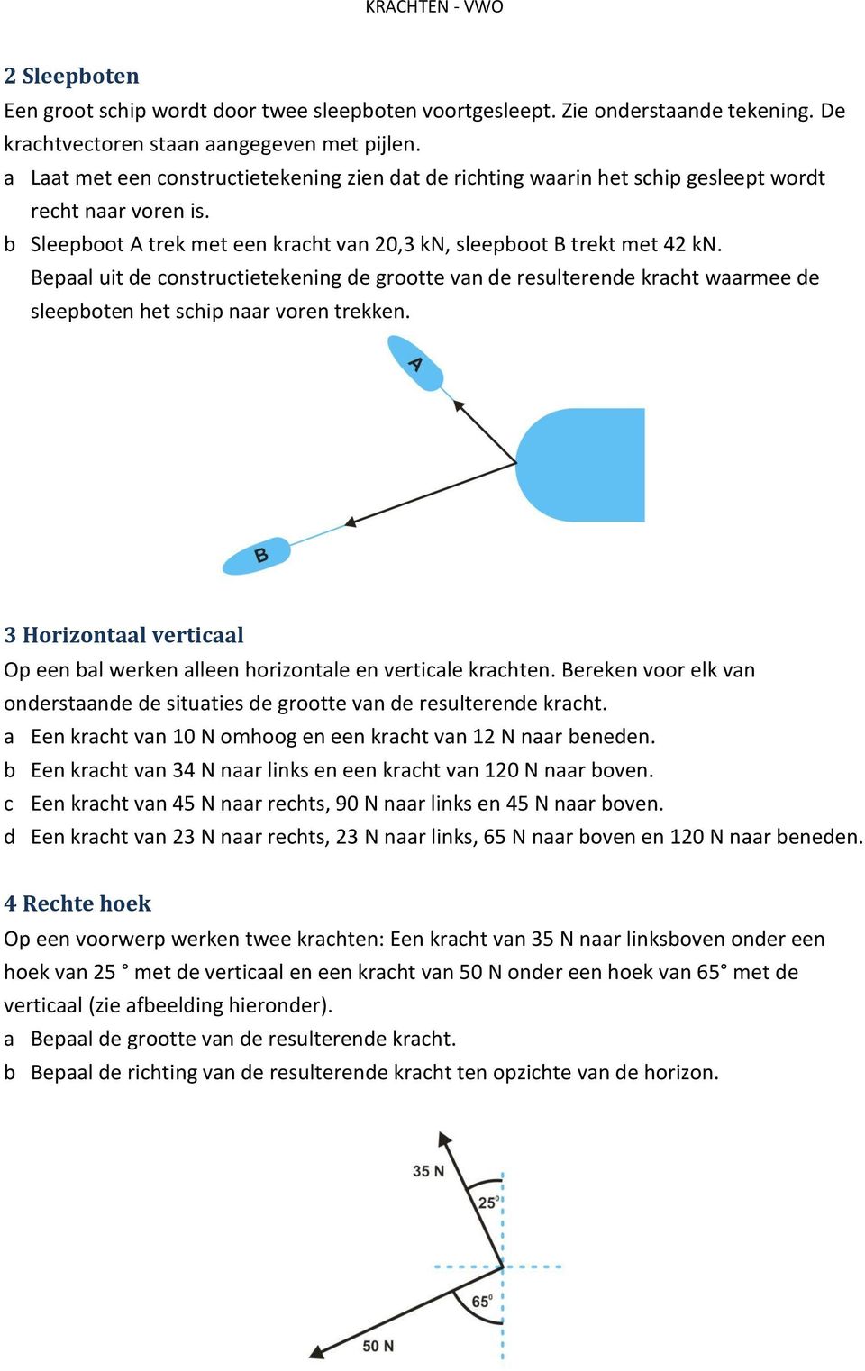 Bepaal uit de constructietekening de grootte van de resulterende kracht waarmee de sleepboten het schip naar voren trekken.