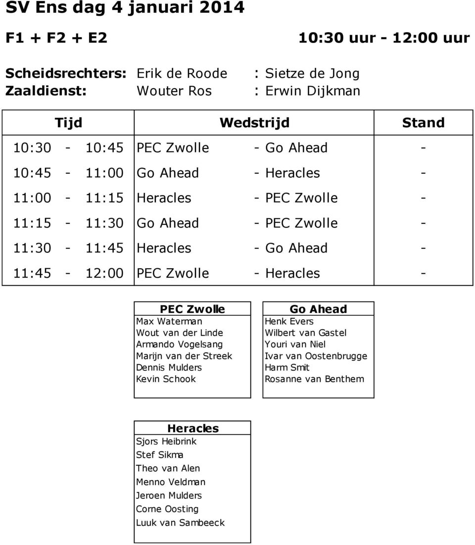 11:45-12:00 PEC Zwolle - Heracles - PEC Zwolle Max Waterman Wout van der Linde Armando Vogelsang Marijn van der Streek Dennis Mulders Kevin Schook Go Ahead Henk Evers Wilbert