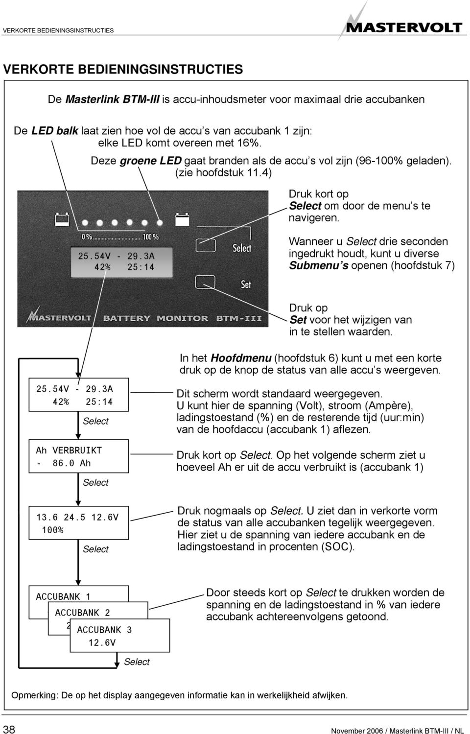 3A 42% 25:14 Wanneer u drie seconden ingedrukt houdt, kunt u diverse Submenu s openen (hoofdstuk 7) Druk op Set voor het wijzigen van in te stellen waarden.