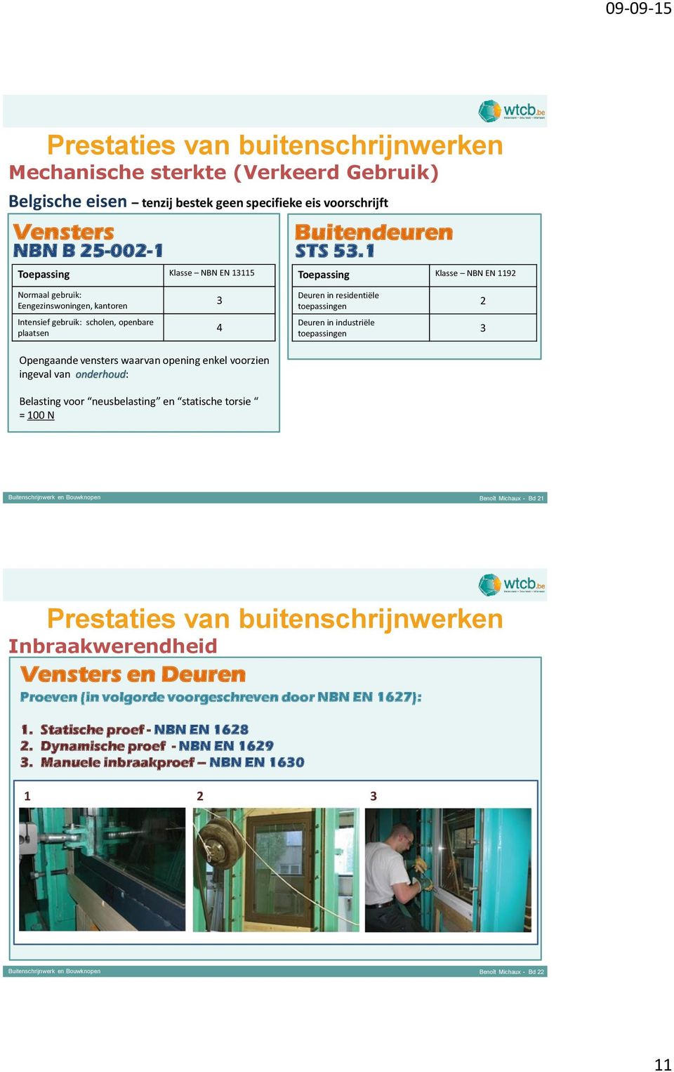 plaatsen 4 Deuren in industriële toepassingen 3 Opengaande vensters waarvan opening enkel voorzien ingeval van onderhoud: Belasting voor neusbelasting en statische torsie = 100 N Benoît