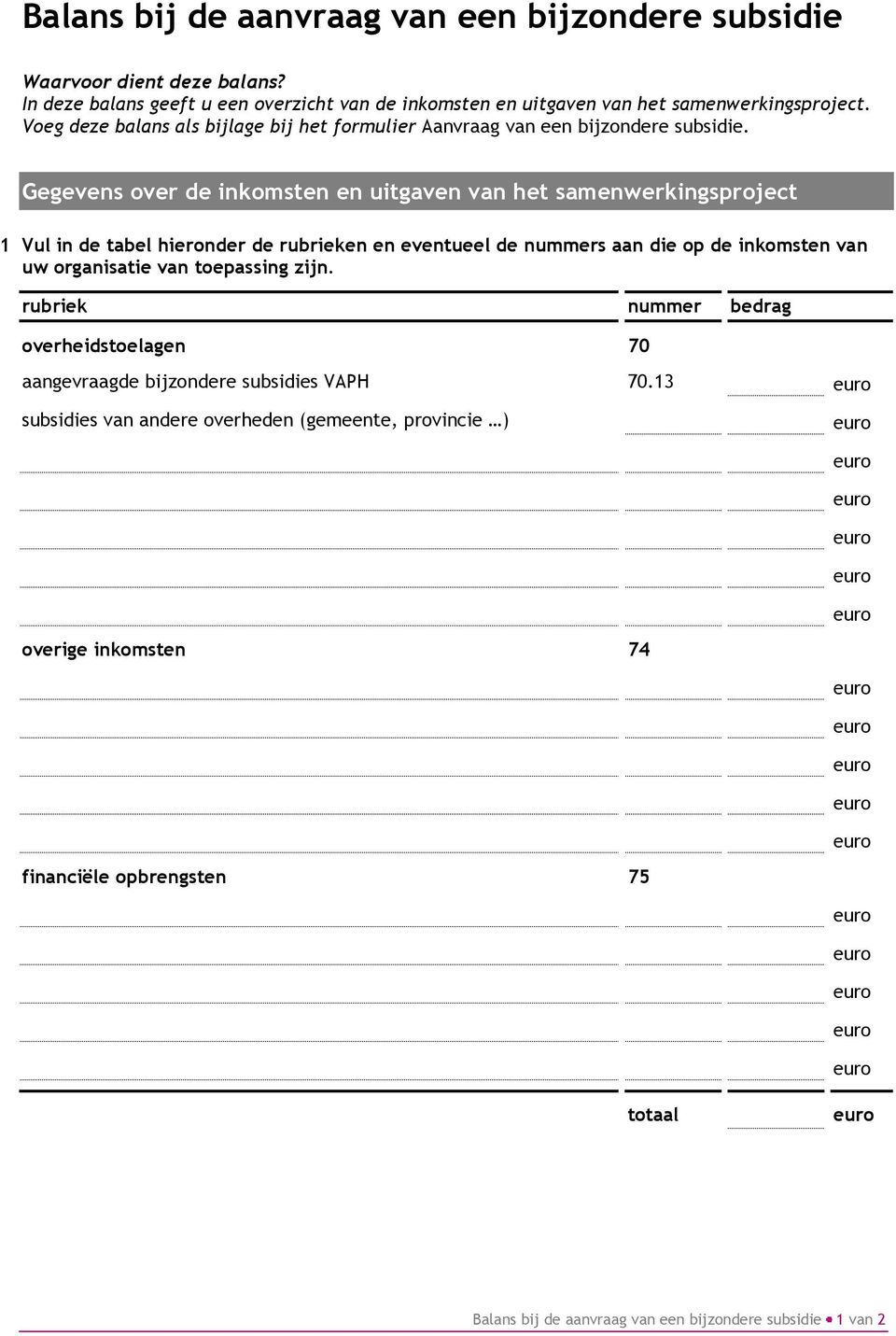 Gegevens over de inkomsten en uitgaven van het samenwerkingsproject 1 Vul in de tabel hieronder de rubrieken en eventueel de nummers aan die op de inkomsten van uw organisatie