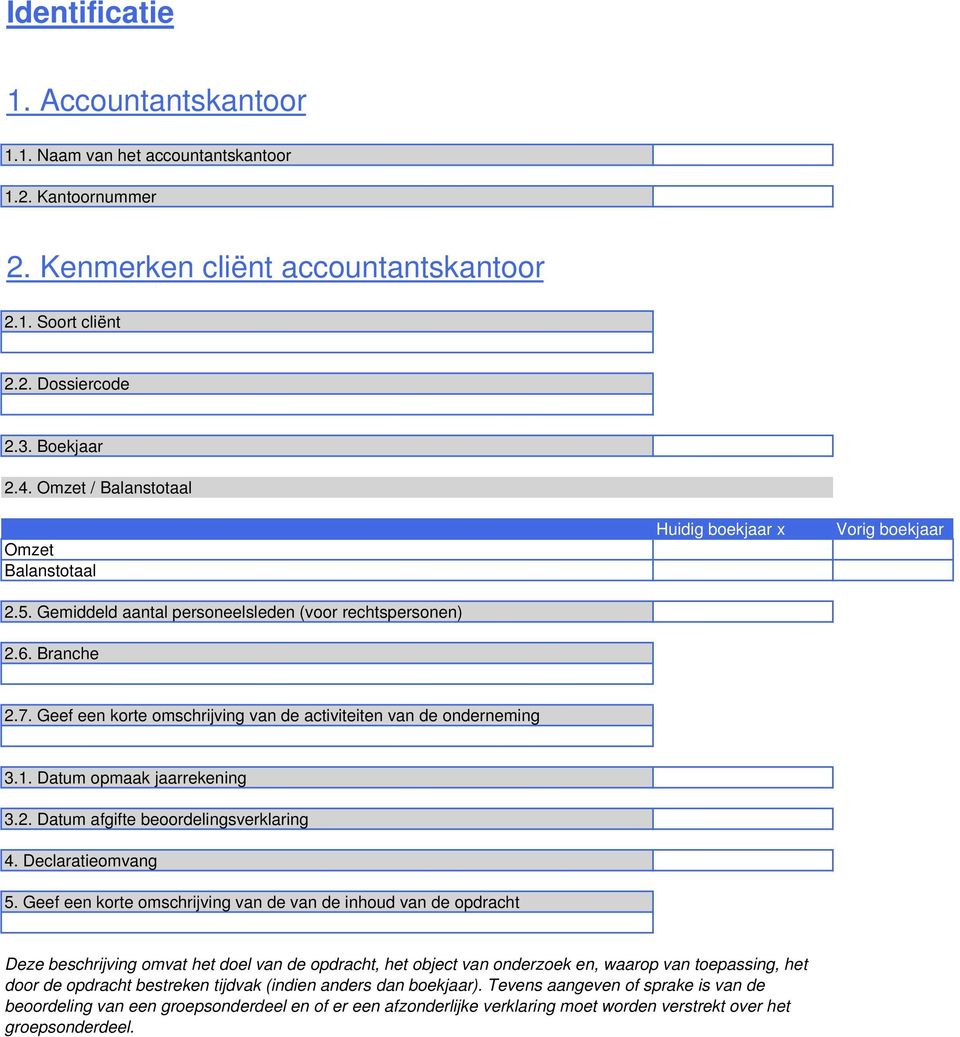 Geef een korte omschrijving van de activiteiten van de onderneming 3.1. Datum opmaak jaarrekening 3.2. Datum afgifte beoordelingsverklaring 4. Declaratieomvang 5.