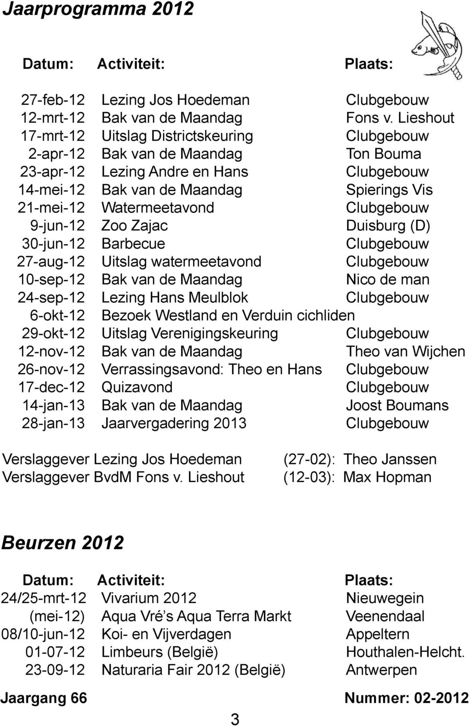 Lieshout Uitslag Districtskeuring Clubgebouw Bak van de Maandag Ton Bouma Lezing Andre en Hans Clubgebouw Bak van de Maandag Spierings Vis Watermeetavond Clubgebouw Zoo Zajac Duisburg (D) Barbecue