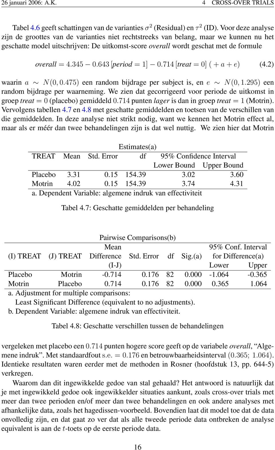 4.345 0.643 [period = 1] 0.714 [treat = 0] ( + a + e) (4.2) waarin a N(0, 0.475) een random bijdrage per subject is, en e N(0, 1.295) een random bijdrage per waarneming.