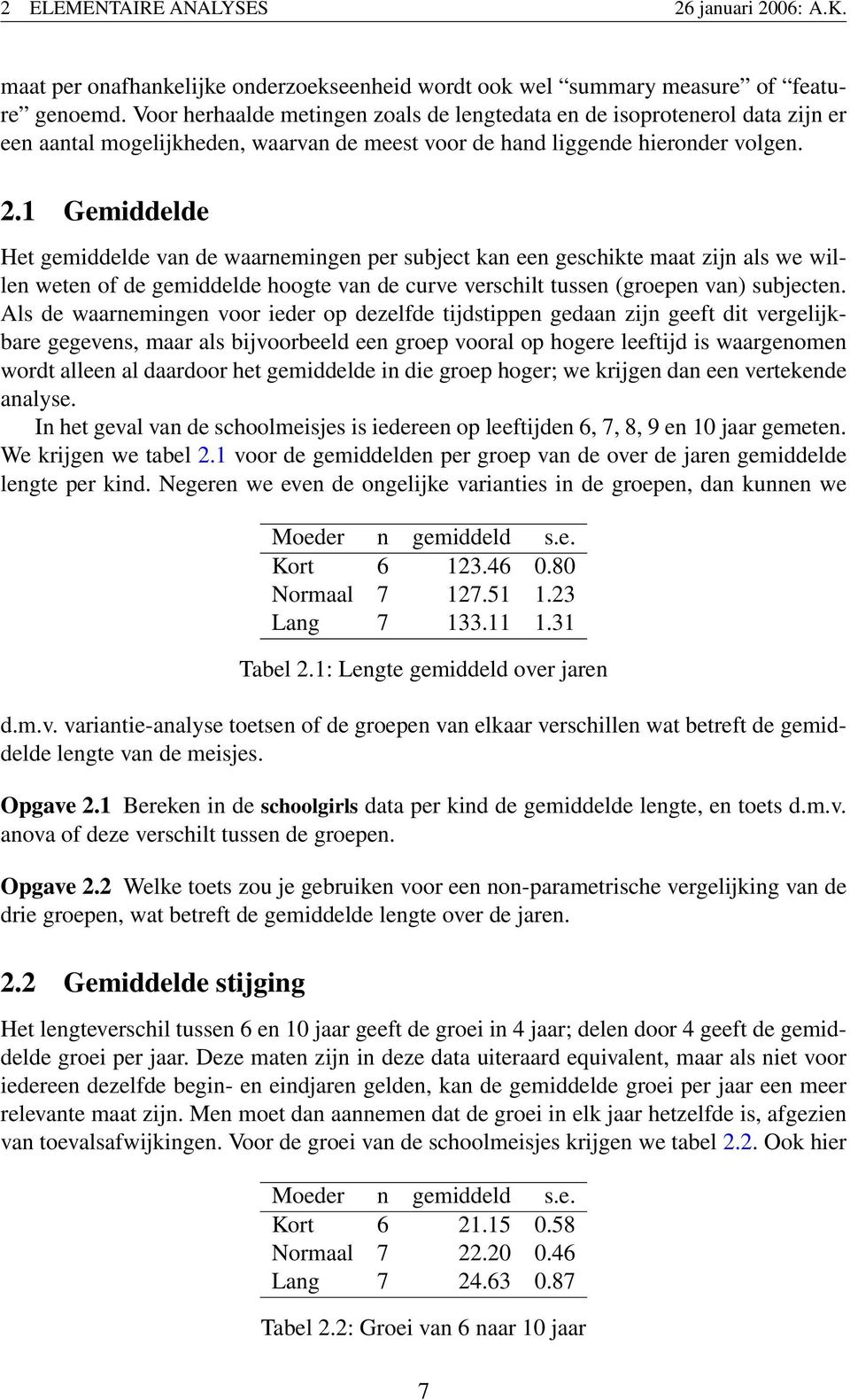 1 Gemiddelde Het gemiddelde van de waarnemingen per subject kan een geschikte maat zijn als we willen weten of de gemiddelde hoogte van de curve verschilt tussen (groepen van) subjecten.