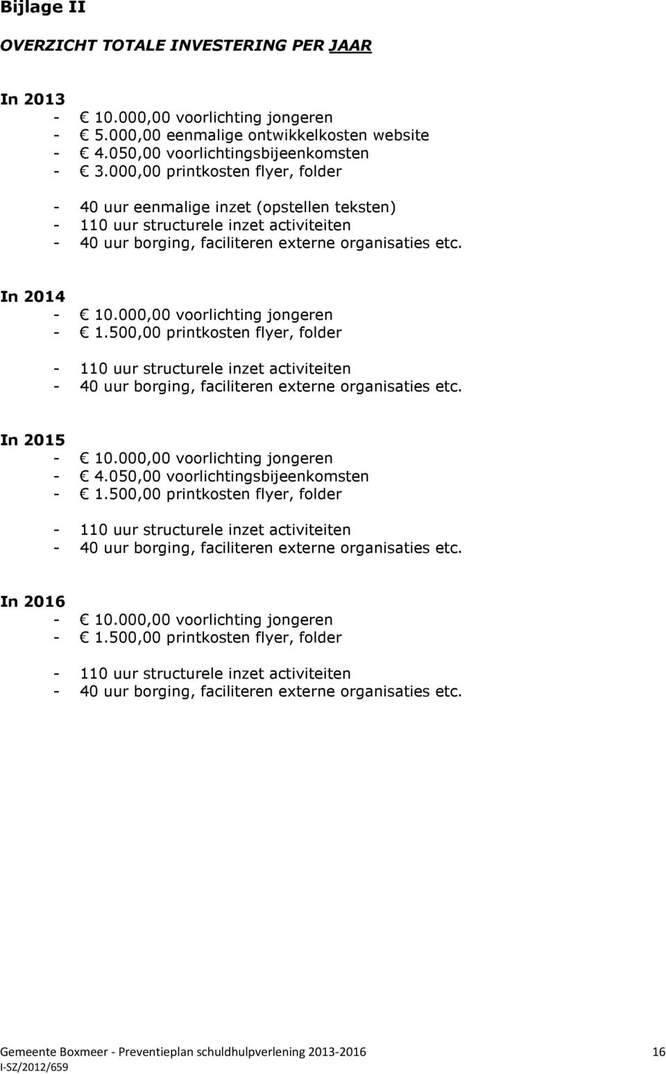 000,00 voorlichting jongeren - 1.500,00 printkosten flyer, folder - 110 uur structurele inzet activiteiten - 40 uur borging, faciliteren externe organisaties etc. In 2015-10.