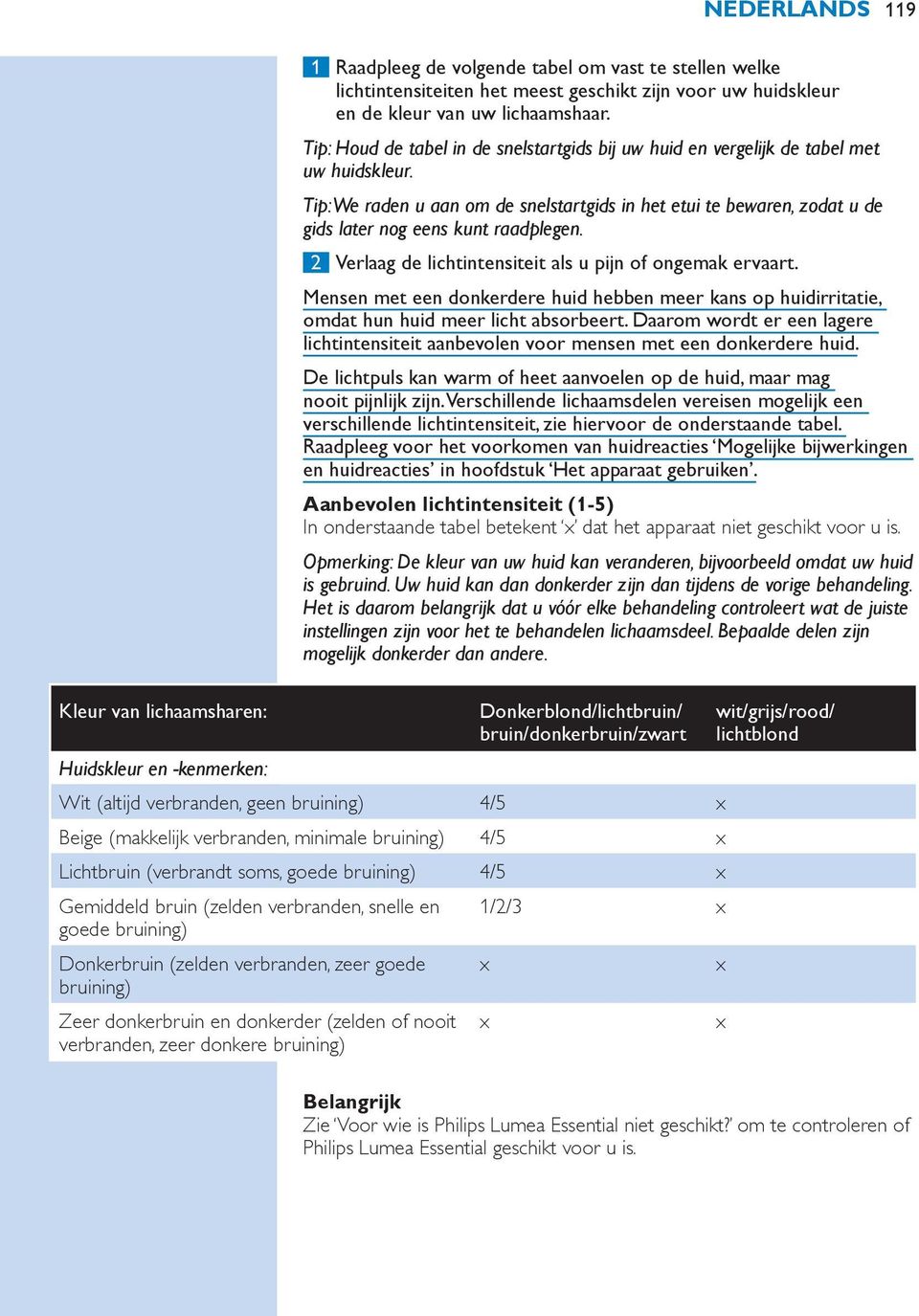 Tip: We raden u aan om de snelstartgids in het etui te bewaren, zodat u de gids later nog eens kunt raadplegen. 2 Verlaag de lichtintensiteit als u pijn of ongemak ervaart.