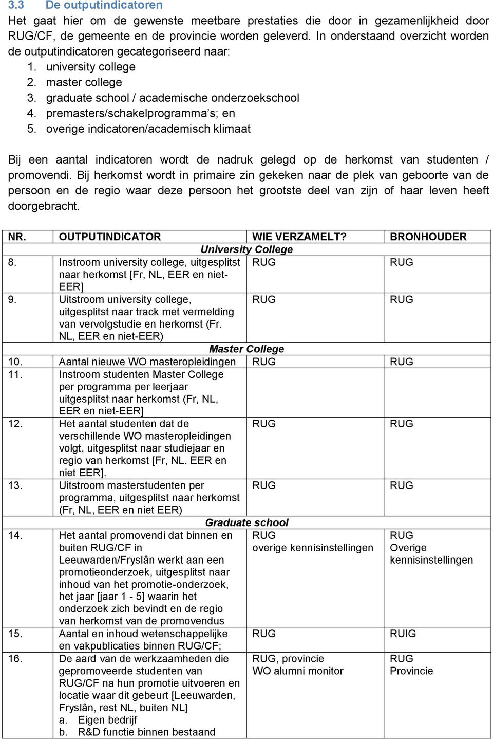 premasters/schakelprogramma s; en 5. overige indicatoren/academisch klimaat Bij een aantal indicatoren wordt de nadruk gelegd op de herkomst van studenten / promovendi.