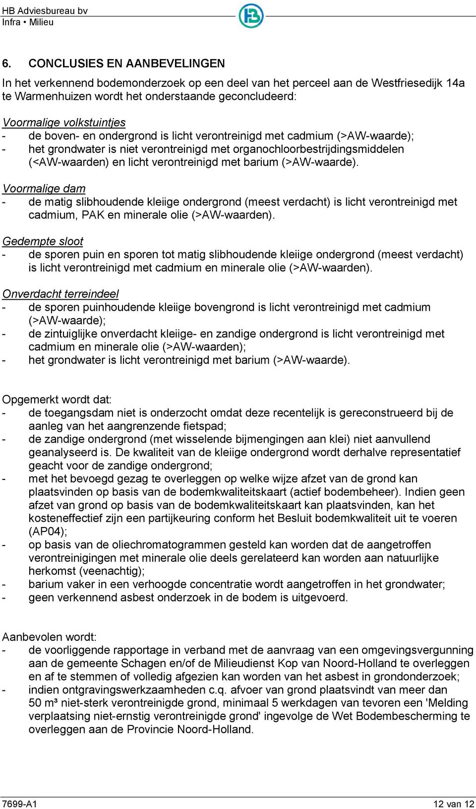 boven- en ondergrond is licht verontreinigd met cadmium (>AW-waarde); - het grondwater is niet verontreinigd met organochloorbestrijdingsmiddelen (<AW-waarden) en licht verontreinigd met barium