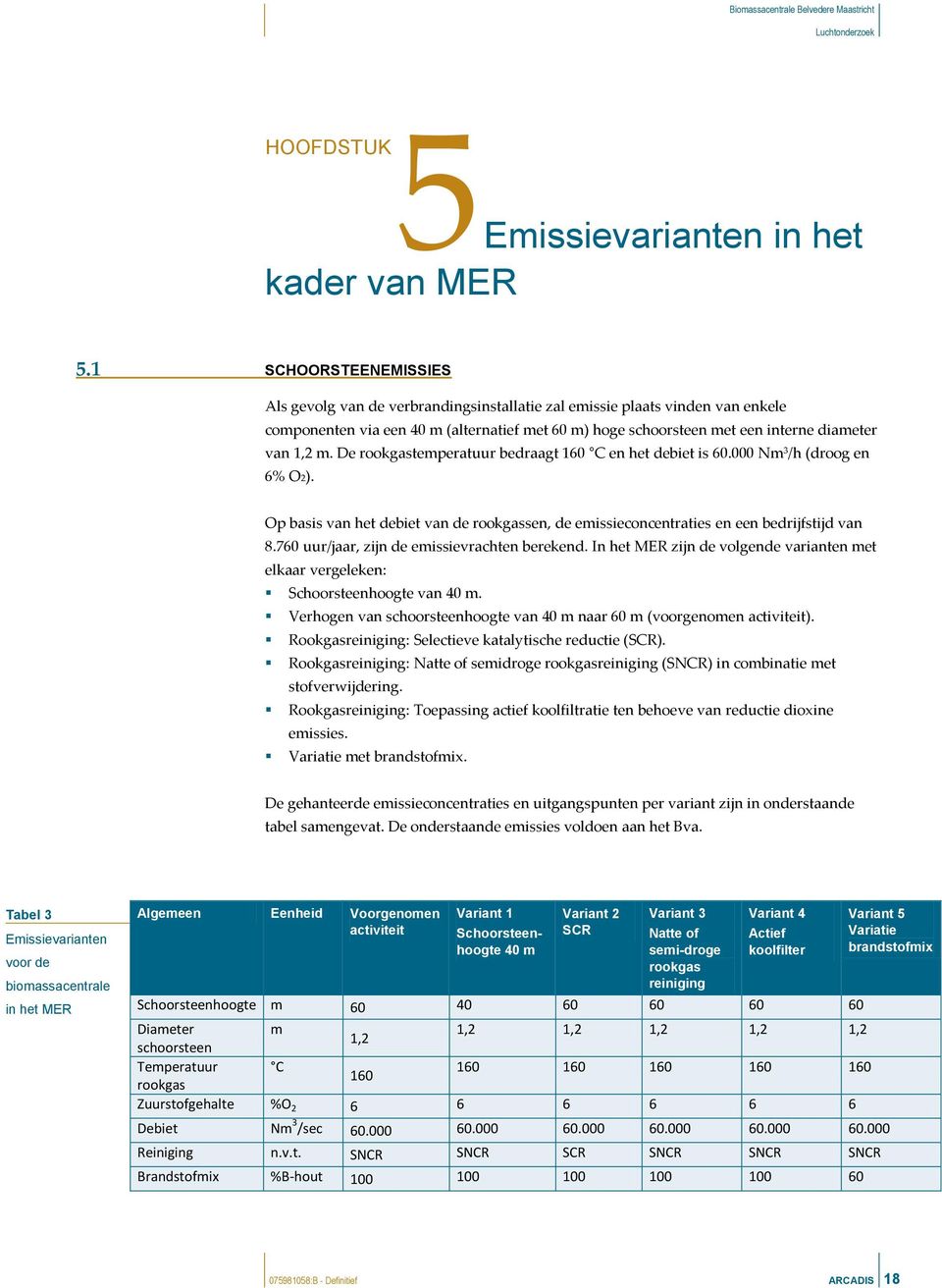 m. De rookgastemperatuur bedraagt 160 C en het debiet is 60.000 Nm 3 /h (droog en 6% O2). Op basis van het debiet van de rookgassen, de emissieconcentraties en een bedrijfstijd van 8.