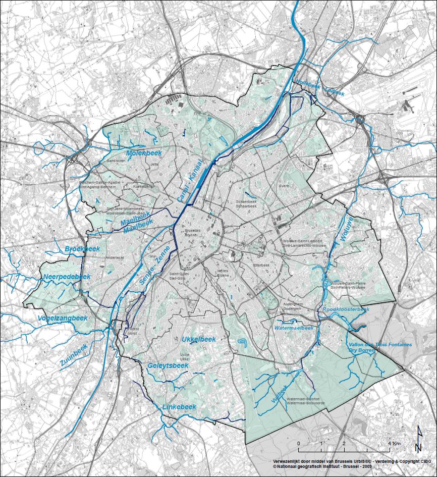 Context en uitdagingen in het BHG Aanwezigheid van water Waterlopen en vijvers in het Brussels Gewest (Blauw netwerk) Maillage