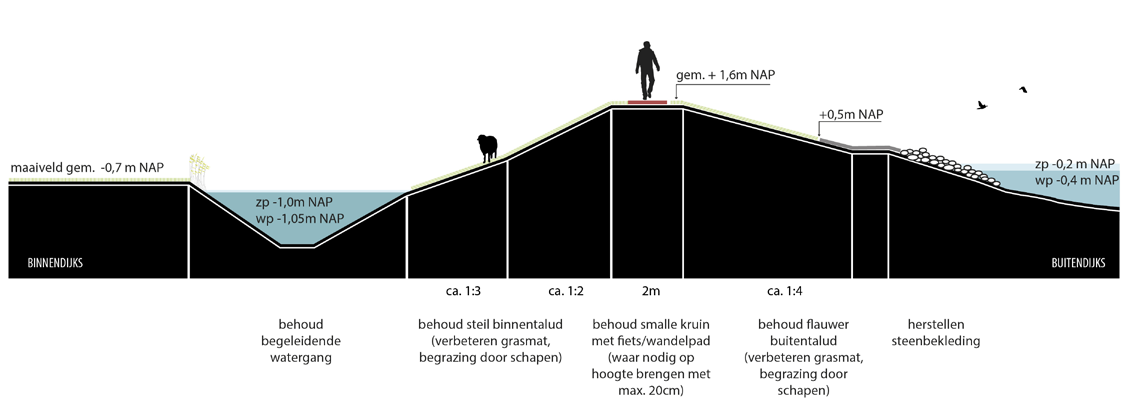 Het huidige, zeer karakteristieke dijkprofiel met smalle en lage kruin wordt behouden.