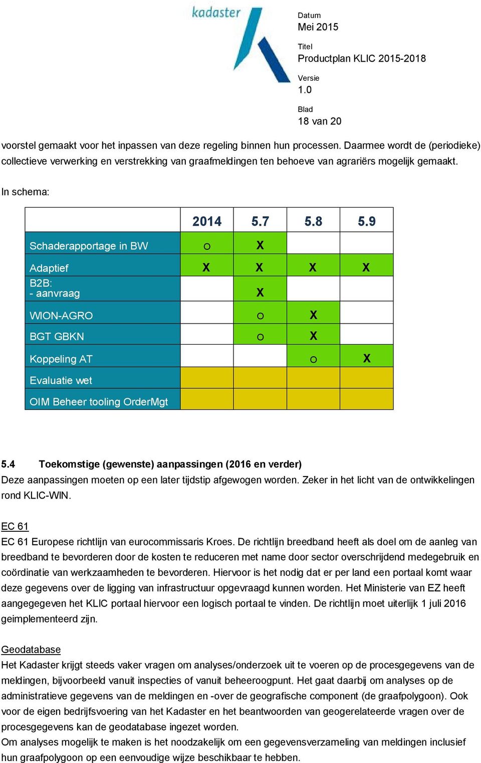 9 Schaderapportage in BW O X Adaptief B2B: -aanvraag X X X X X WION-AGRO O X BGT GBKN O X Koppeling AT O X Evaluatie wet OIM Beheer tooling OrderMgt 5.