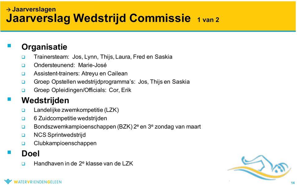 Groep Opleidingen/Officials: Cor, Erik Wedstrijden Doel Landelijke zwemkompetitie (LZK) 6 Zuidcompetitie wedstrijden