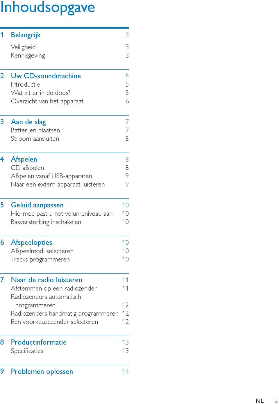 luisteren 9 5 Geluid aanpassen 10 Hiermee past u het volumeniveau aan 10 Basversterking inschakelen 10 6 Afspeelopties 10 Afspeelmodi selecteren 10 Tracks programmeren 10 7