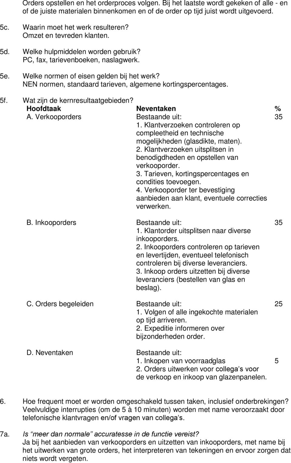 NEN normen, standaard tarieven, algemene kortingspercentages. 5f. Wat zijn de kernresultaatgebieden? Hoofdtaak Neventaken % A. Verkooporders Bestaande uit: 35 1.