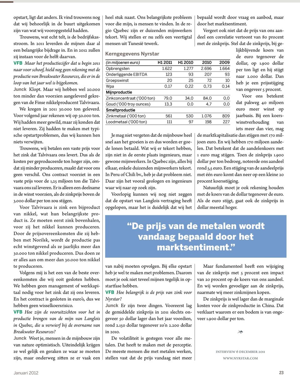 VFB Maar het productiecijfer dat u begin 2011 naar voor schoof, hield nog geen rekening met de productie van Breakwater Resources, die er in de loop van het jaar wel is bijgekomen. Junck Klopt.