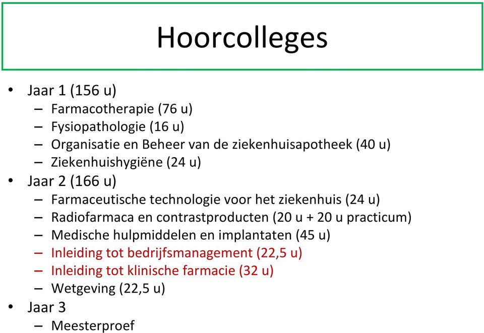 ziekenhuis (24 u) Radiofarmaca en contrastproducten (20 u + 20 u practicum) Medische hulpmiddelen en