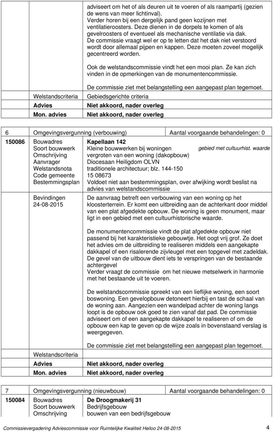 De commissie vraagt wel er op te letten dat het dak niet verstoord wordt door allemaal pijpen en kappen. Deze moeten zoveel mogelijk gecentreerd worden.