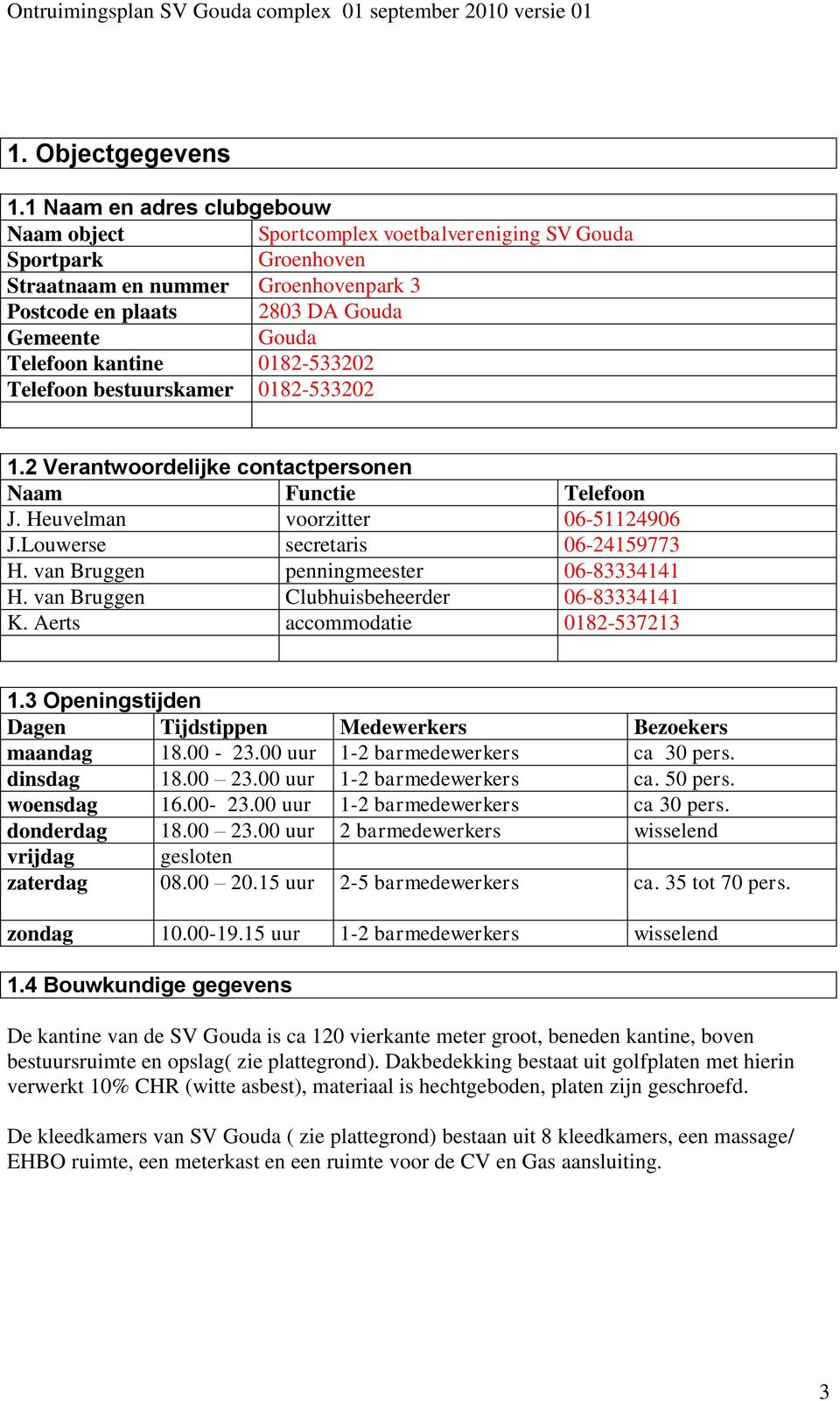 kantine 0182-533202 Telefoon bestuurskamer 0182-533202 1.2 Verantwoordelijke contactpersonen Naam Functie Telefoon J. Heuvelman voorzitter 06-51124906 J.Louwerse secretaris 06-24159773 H.