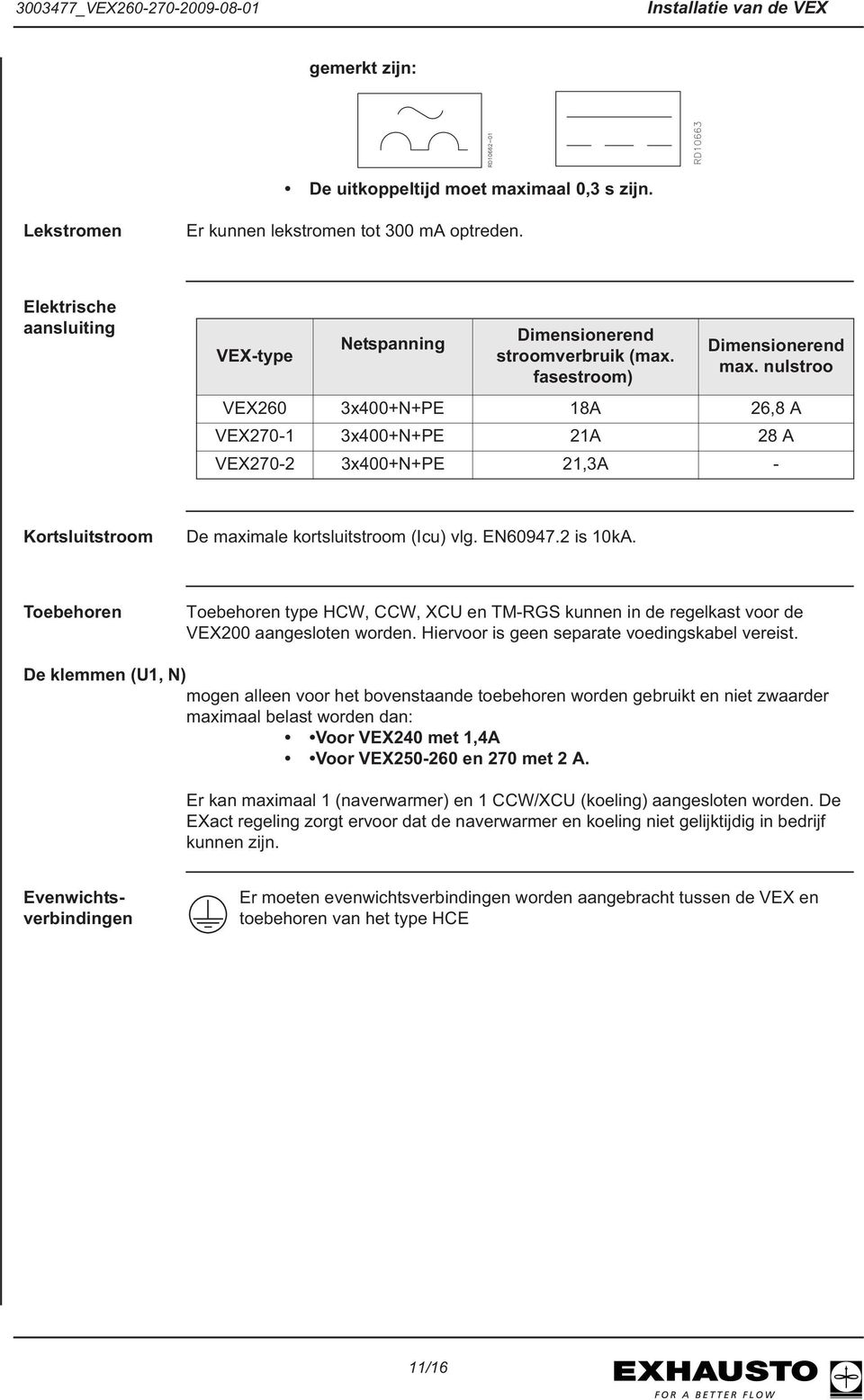nulstroo VEX260 3x400+N+PE 18A 26,8 A VEX270-1 3x400+N+PE 21A 28 A VEX270-2 3x400+N+PE 21,3A - Kortsluitstroom De maximale kortsluitstroom (Icu) vlg. EN60947.2 is 10kA.