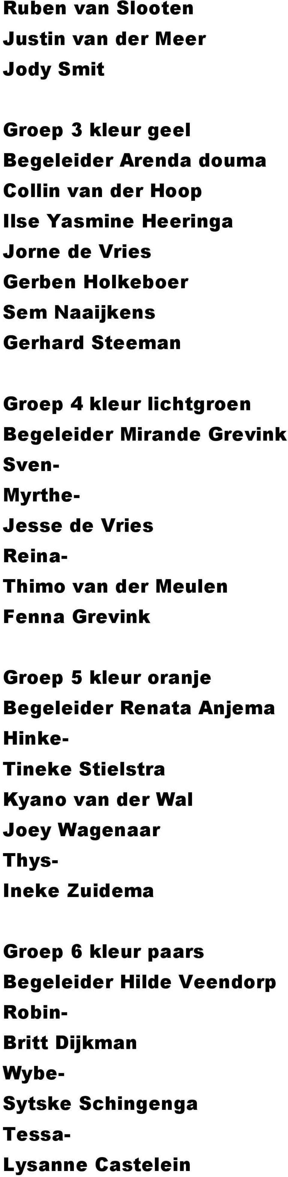 Reina- Thimo van der Meulen Fenna Grevink Groep 5 kleur oranje Begeleider Renata Anjema Hinke- Tineke Stielstra Kyano van der Wal Joey