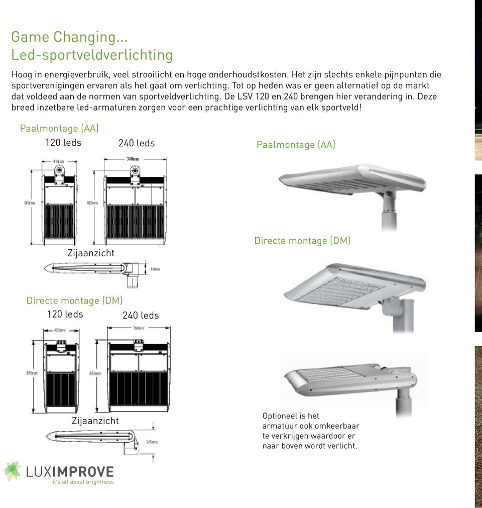 Tot op heden was er geen alternatief op de markt dat voldeed aan de normen van sportveldverlichting. De LSV 120 en 240 brengen hier verandering in.