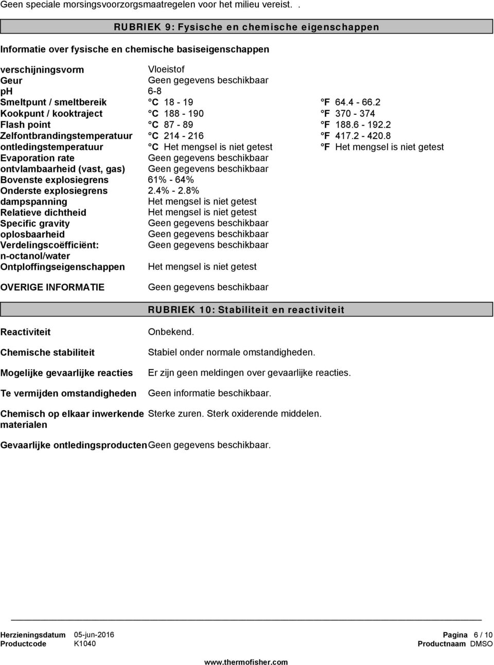 18-19 F 64.4-66.2 Kookpunt / kooktraject C 188-190 F 370-374 Flash point C 87-89 F 188.6-192.2 Zelfontbrandingstemperatuur C 214-216 F 417.2-420.