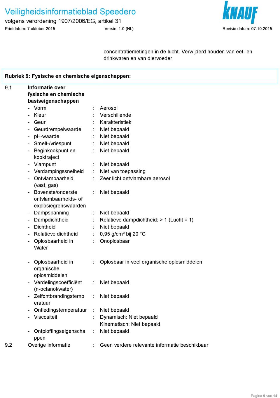 Smelt-/vriespunt : Niet bepaald - Beginkookpunt en : Niet bepaald kooktraject - Vlampunt : Niet bepaald - Verdampingssnelheid : Niet van toepassing - Ontvlambaarheid : Zeer licht ontvlambare aerosol