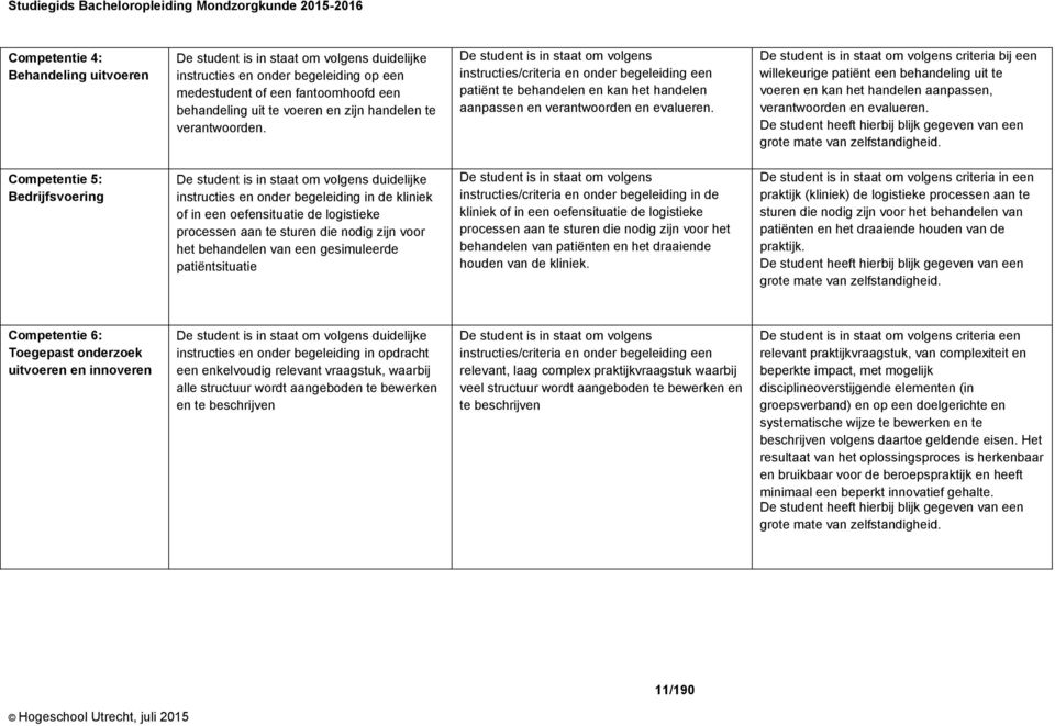 De student is in staat om volgens instructies/criteria en onder begeleiding een patiënt te behandelen en kan het handelen aanpassen en verantwoorden en evalueren.