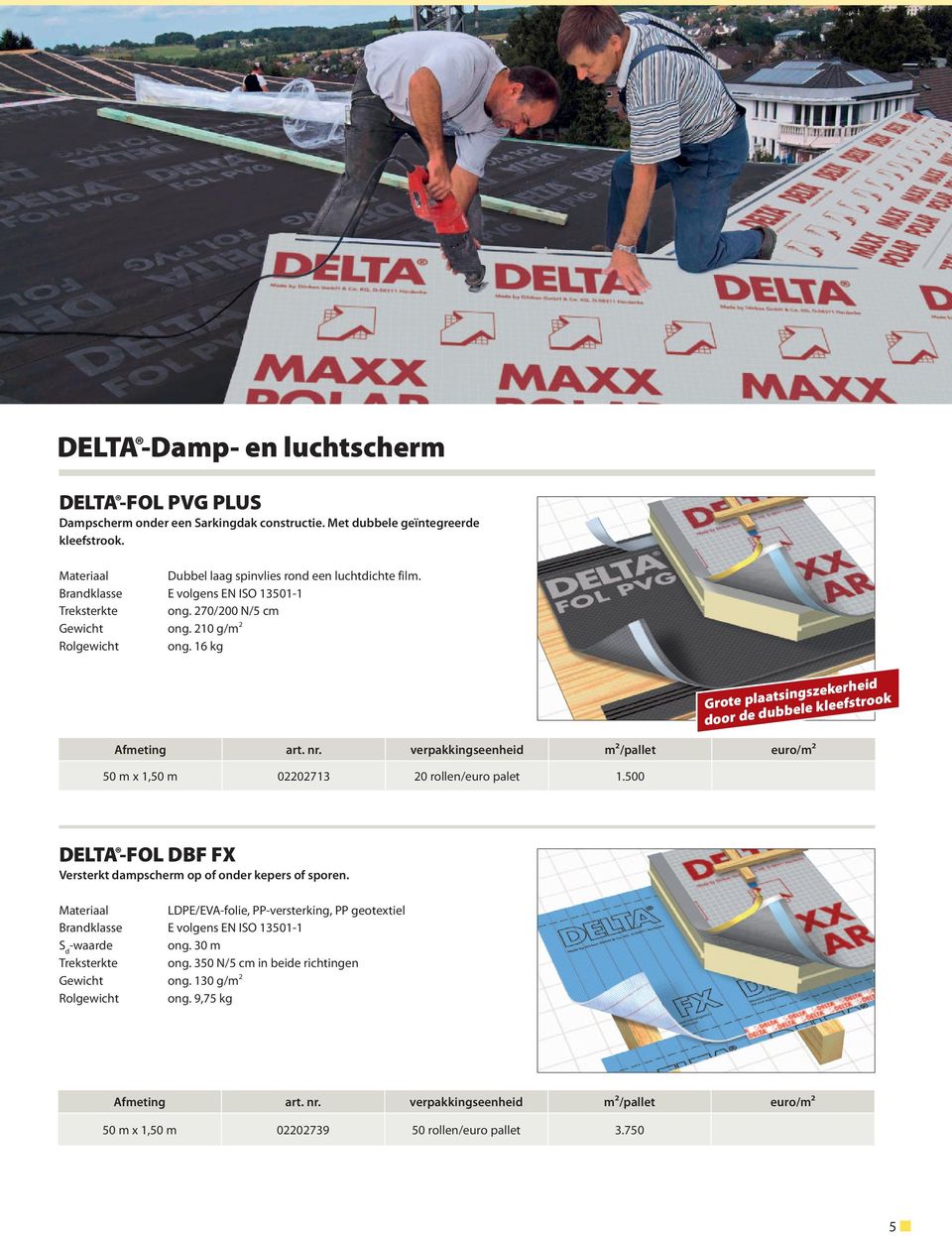 verpakkingseenheid m²/pallet euro/m² 50 m x 1,50 m 02202713 20 rollen/euro palet 1.500 DELTA -FOL DBF FX Versterkt dampscherm op of onder kepers of sporen.