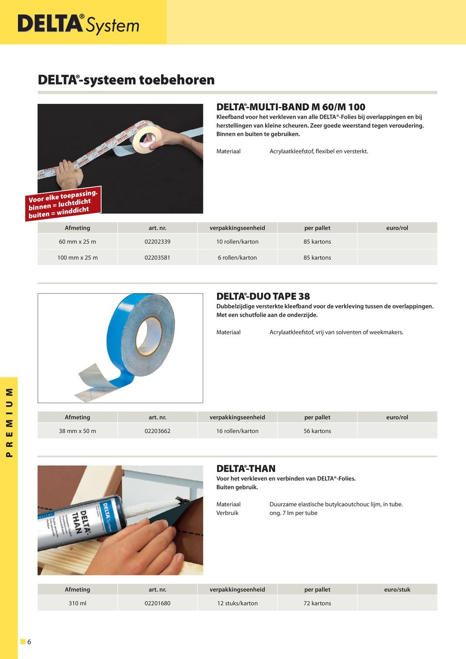 verpakkingseenheid per pallet euro/rol 60 mm x 25 m 02202339 10 rollen/karton 85 kartons 100 mm x 25 m 02203581 6 rollen/karton 85 kartons DELTA -DUO TAPE 38 Dubbelzijdige versterkte kleefband voor