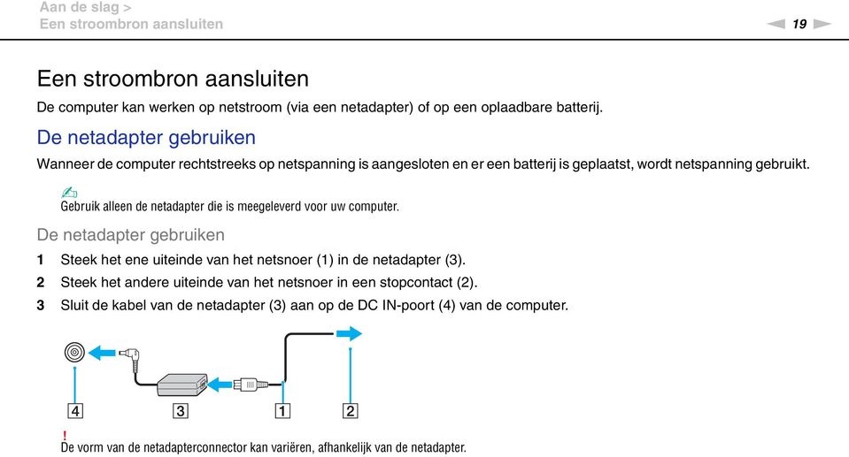 Gebruik alleen de netadapter die is meegeleverd voor uw computer. De netadapter gebruiken 1 Steek het ene uiteinde van het netsnoer (1) in de netadapter (3).