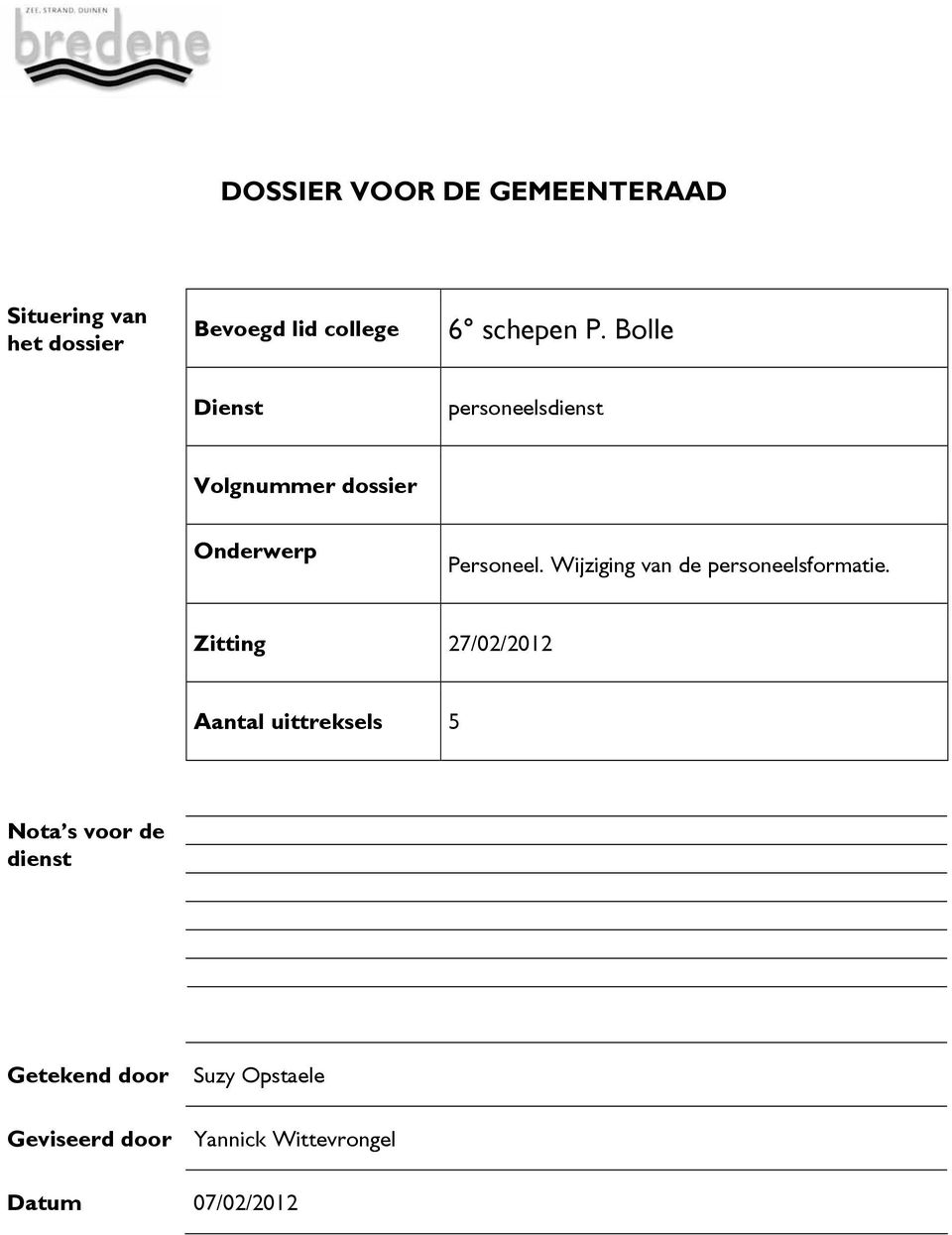 Wijziging van de personeelsformatie.