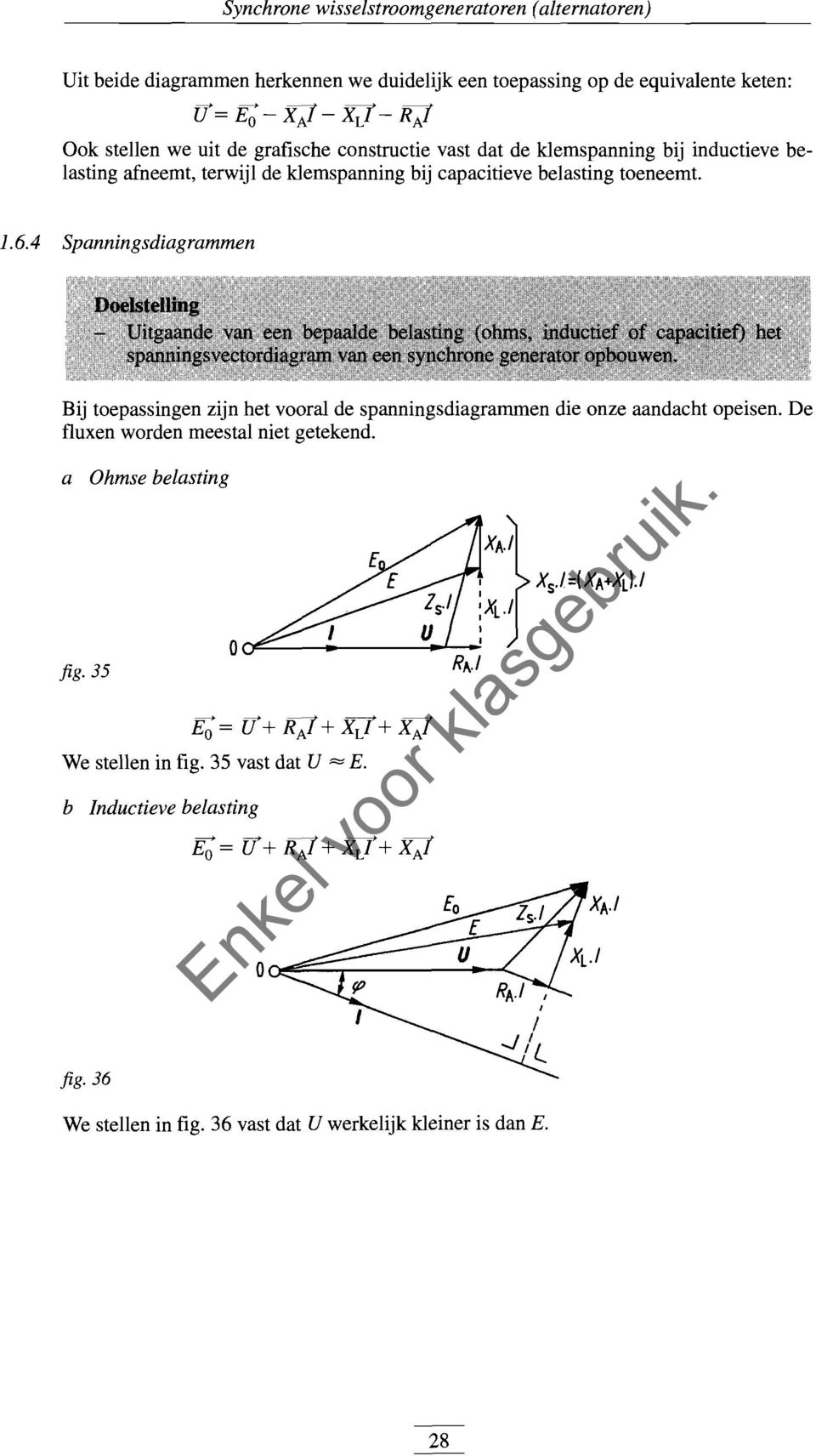 4 Spanningsdiagrammen Bij toepassingen zijn het vooral de spanningsdiagrammen die onze aandacht opeisen. De fluxen worden meestal niet getekend. a Ohmse belasting fig.