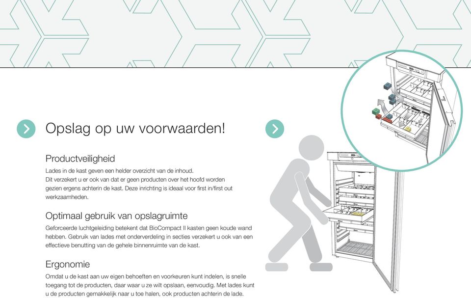 Optimaal gebruik van opslagruimte Geforceerde luchtgeleiding betekent dat BioCompact II kasten geen koude wand hebben.