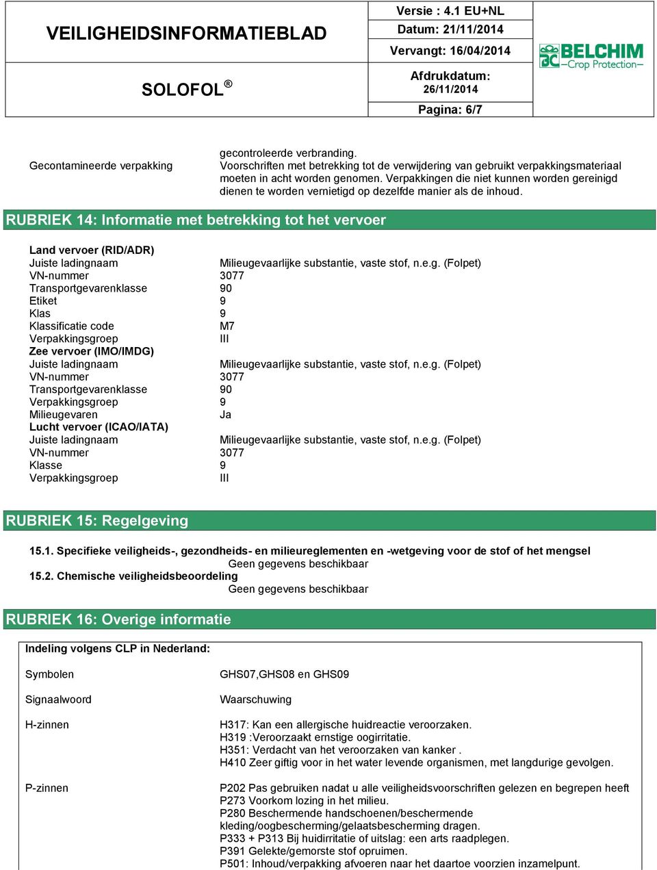 RUBRIEK 14: Informatie met betrekking 