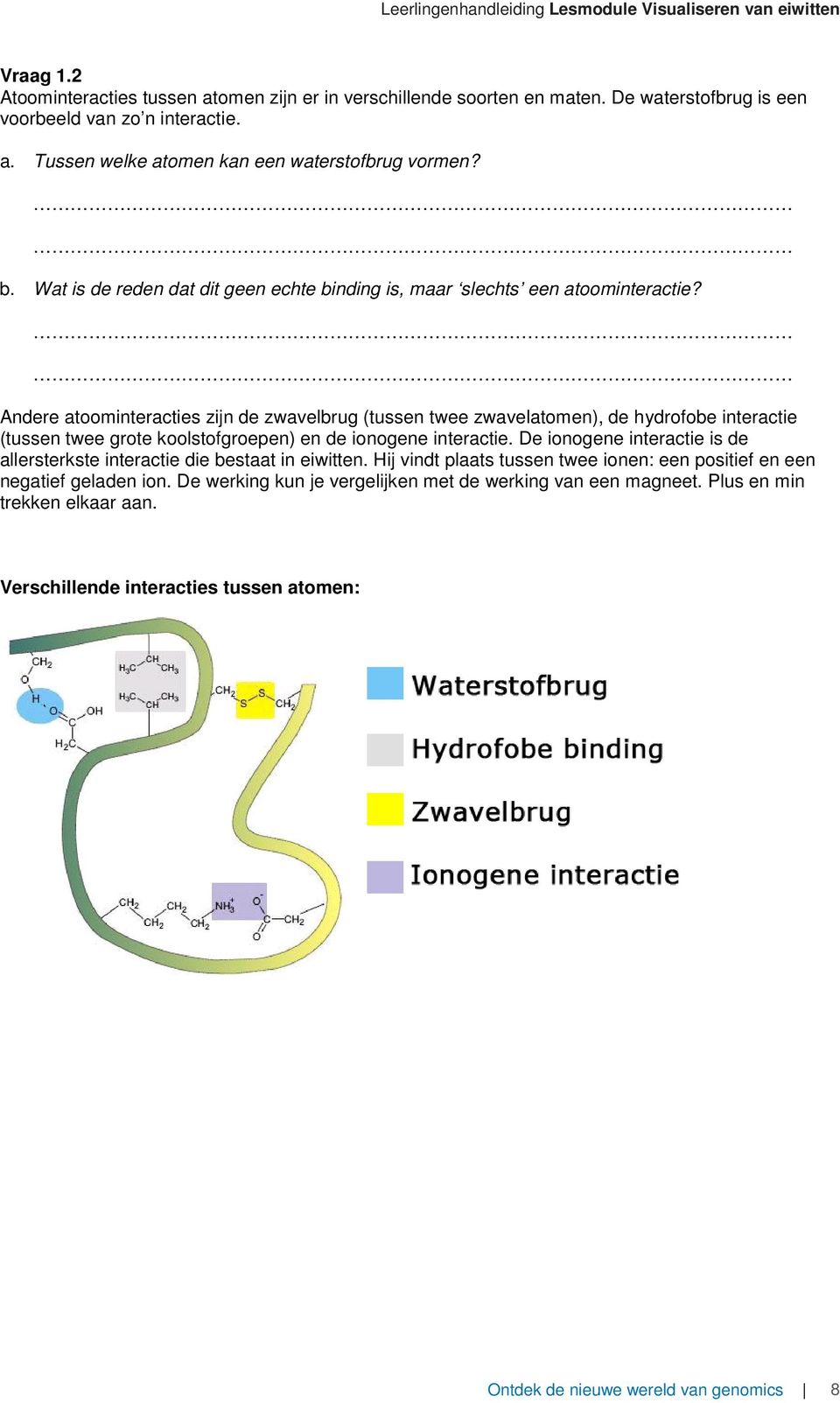 Andere atoominteracties zijn de zwavelbrug (tussen twee zwavelatomen), de hydrofobe interactie (tussen twee grote koolstofgroepen) en de ionogene interactie.