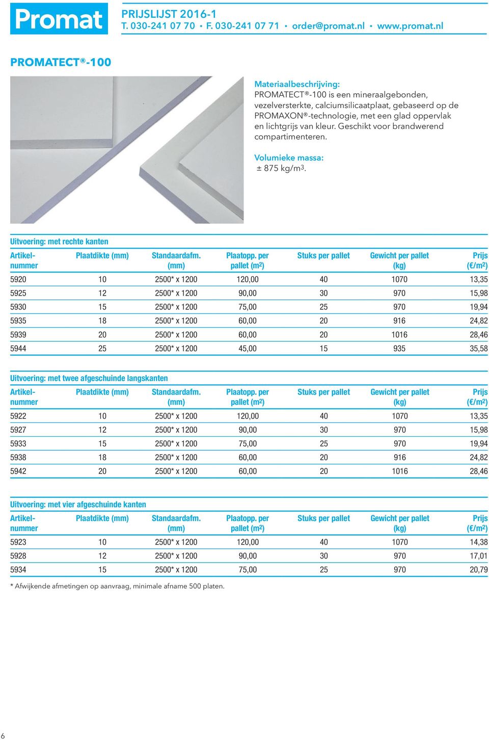 per pallet (m 2 ) Stuks per pallet Gewicht per pallet (kg) Prijs ( /m 2 ) 5922 10 2500* x 1200 120,00 40 1070 13,35 5927 12 2500* x 1200 90,00 30 970 15,98 5933 15 2500* x 1200 75,00 25 970 19,94