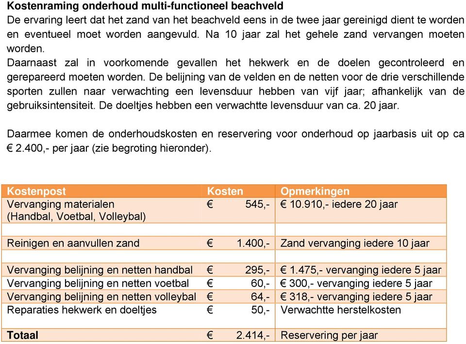 De belijning van de velden en de netten voor de drie verschillende sporten zullen naar verwachting een levensduur hebben van vijf jaar; afhankelijk van de gebruiksintensiteit.