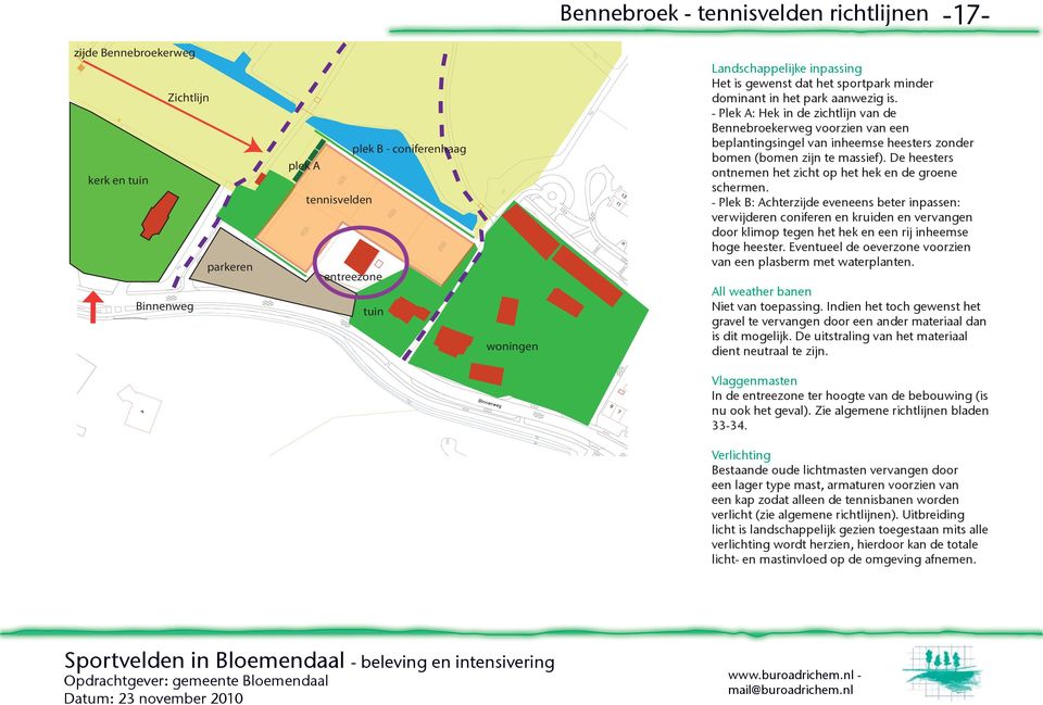 - Plek A: Hek in de zichtlijn van de Bennebroekerweg voorzien van een beplantingsingel van inheemse heesters zonder bomen (bomen zijn te massief).