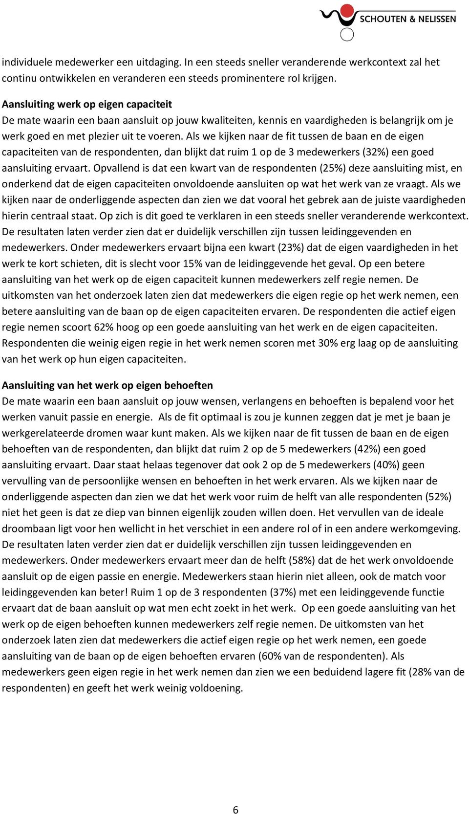 Als we kijken naar de fit tussen de baan en de eigen capaciteiten van de respondenten, dan blijkt dat ruim 1 op de 3 medewerkers (32%) een goed aansluiting ervaart.