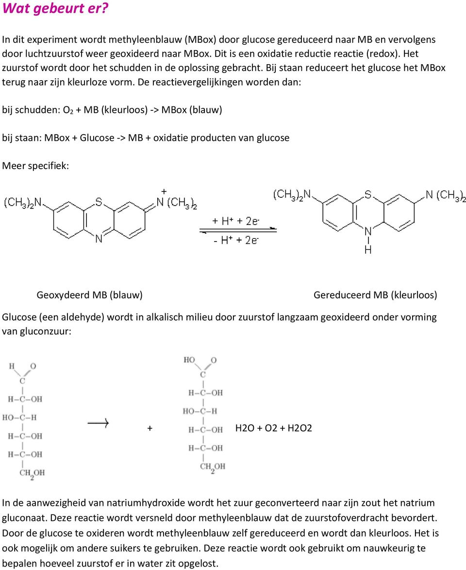 De reactievergelijkingen worden dan: bij schudden: O 2 + MB (kleurloos) -> MBox (blauw) bij staan: MBox + Glucose -> MB + oxidatie producten van glucose Meer specifiek: Geoxydeerd MB (blauw)