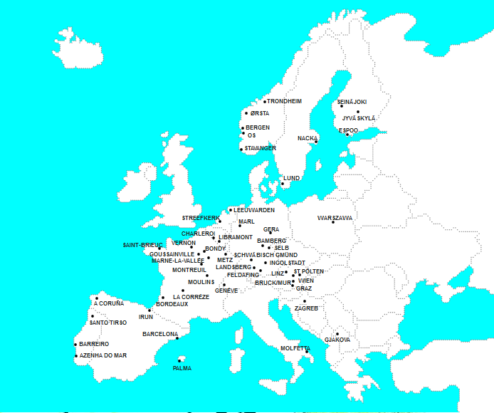 Europan 13: België, Duitsland, Finland, Frankrijk, Italië, Kosovo, Kroatië, Nederland, Noorwegen, Oostenrijk, Polen, Portugal, Spanje, Zweden en Zwitserland Eerdere edities: