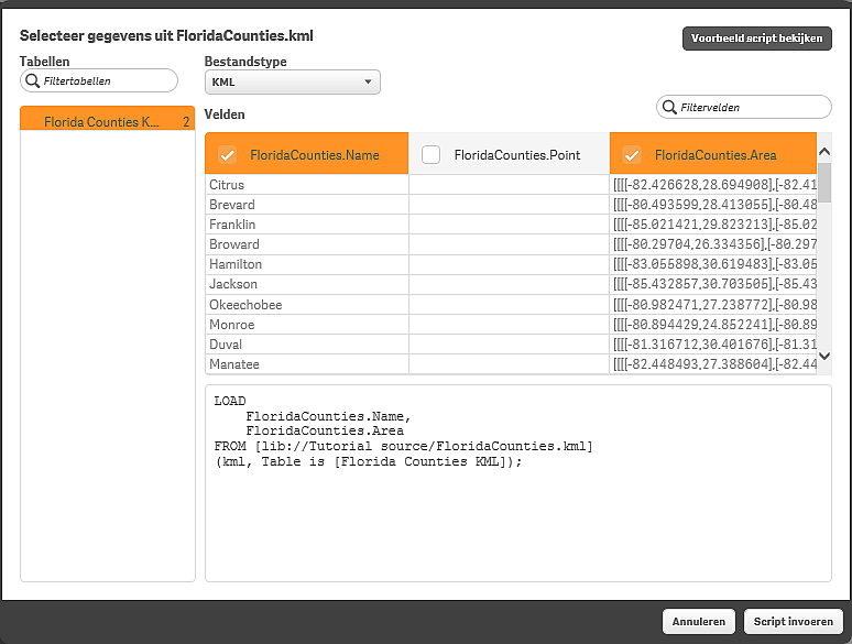 6 Tips voor het gebruik van gegevensmodellen Als u op Script invoeren klikt, wordt het volgende script gegenereerd: LOAD FloridaCounties.Name, FloridaCounties.Area FROM 'lib://data 7/FloridaCounties.