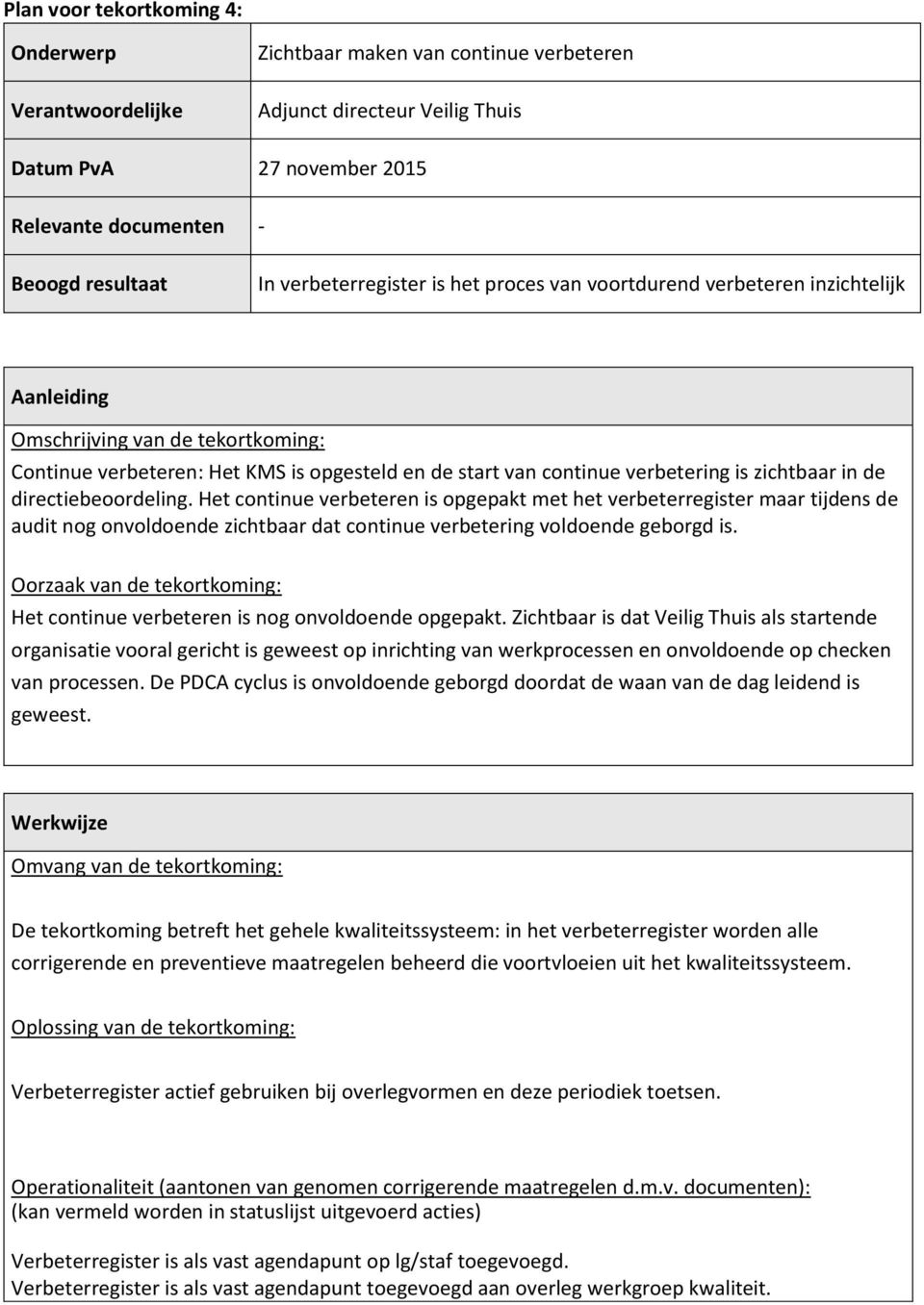 Het continue verbeteren is opgepakt met het verbeterregister maar tijdens de audit nog onvoldoende zichtbaar dat continue verbetering voldoende geborgd is.