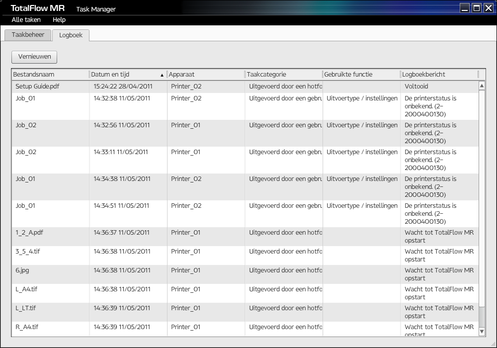 De taakvoortgang en resultaten controleren 1. Selecteer [Taakbeheer] in het [Instelling]-menu. U kunt het taakbeheer ook starten vanuit het Windows-menu [Start]. 2.